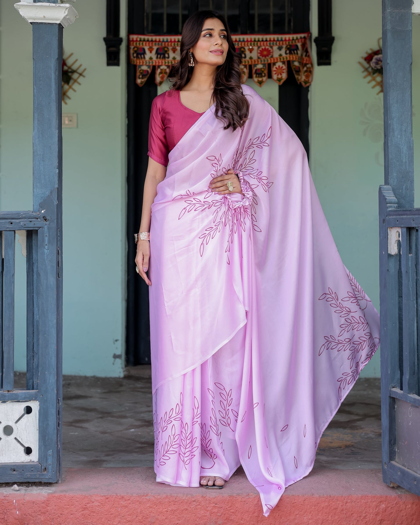 Lilac Pink Designer Freehand Saree with Maroon Leaf Motif & Wine Blouse | Satin Georgette | Handsfree Pallu Style