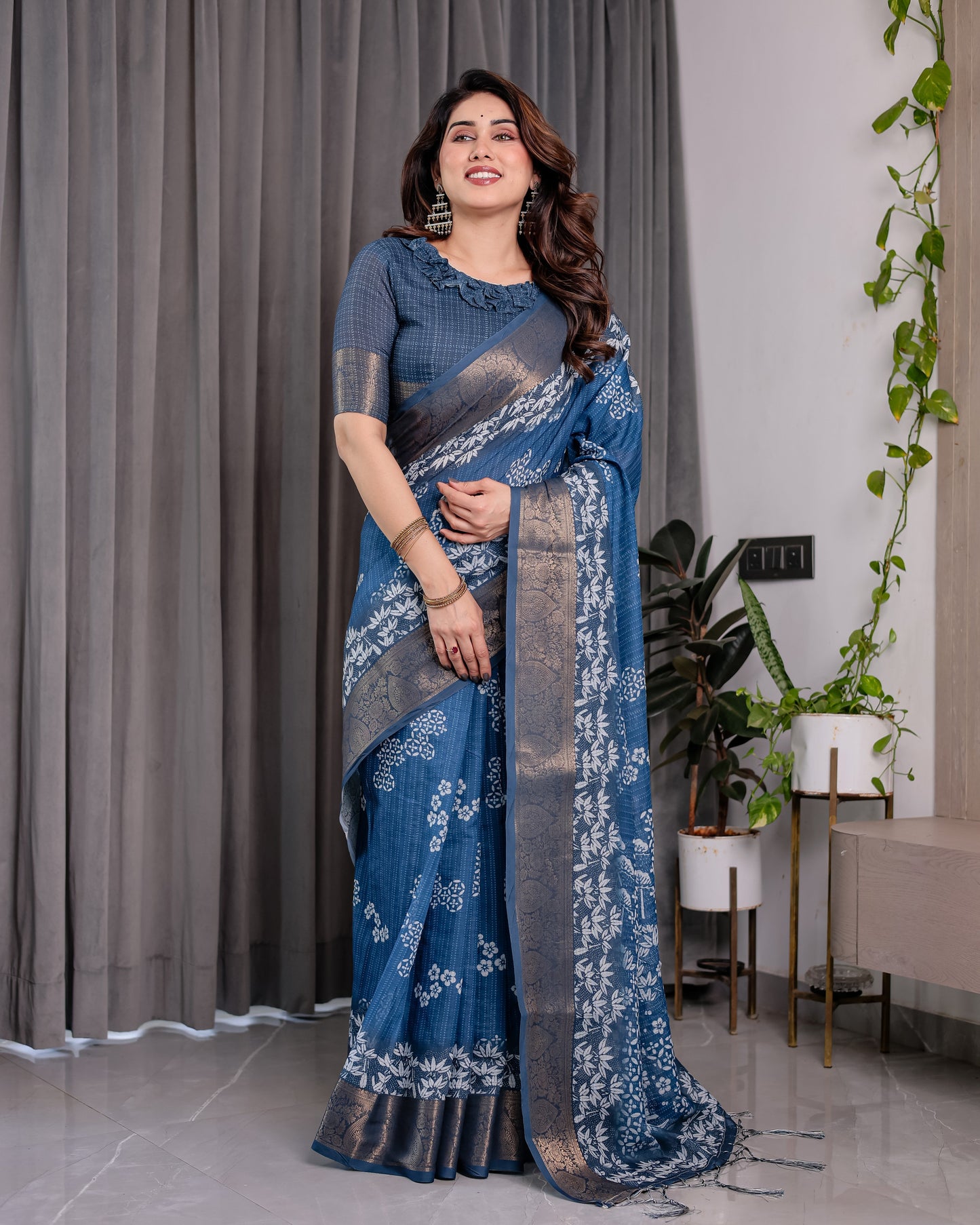 Indigo Blue Handloom Linen Saree with White Village & Tree Print Pallu | Zari Woven Border | 5.5m Saree + 0.8m Blouse | Elegant Pallu Tassels