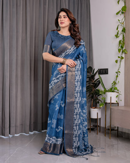Indigo Blue Handloom Linen Saree with White Village & Tree Print Pallu | Zari Woven Border | 5.5m Saree + 0.8m Blouse | Elegant Pallu Tassels