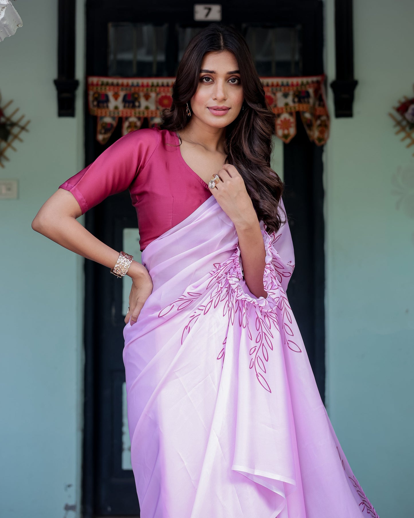 Lilac Pink Designer Freehand Saree with Maroon Leaf Motif & Wine Blouse | Satin Georgette | Handsfree Pallu Style