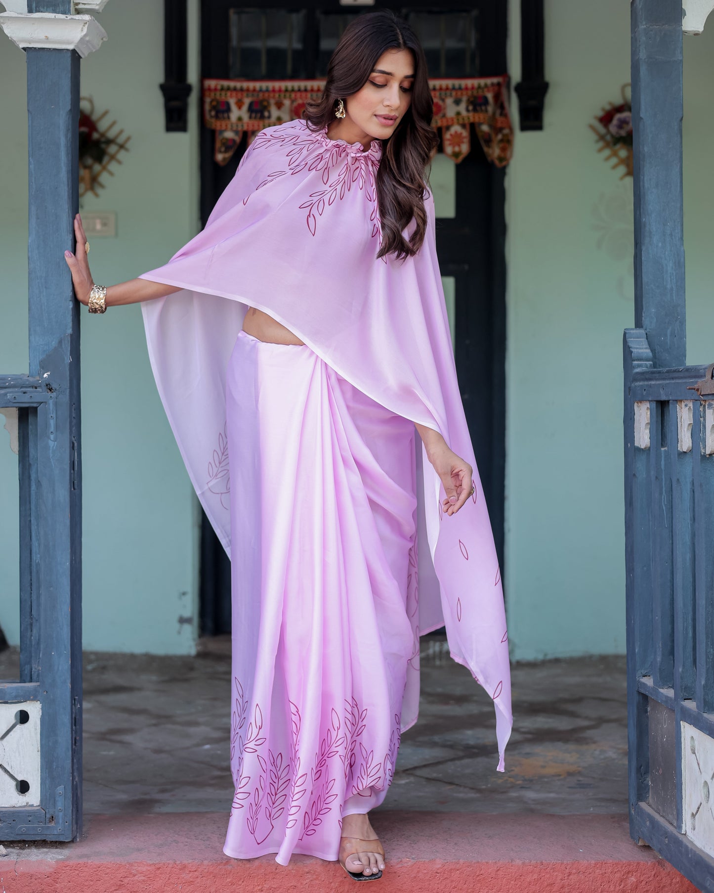 Lilac Pink Designer Freehand Saree with Maroon Leaf Motif & Wine Blouse | Satin Georgette | Handsfree Pallu Style