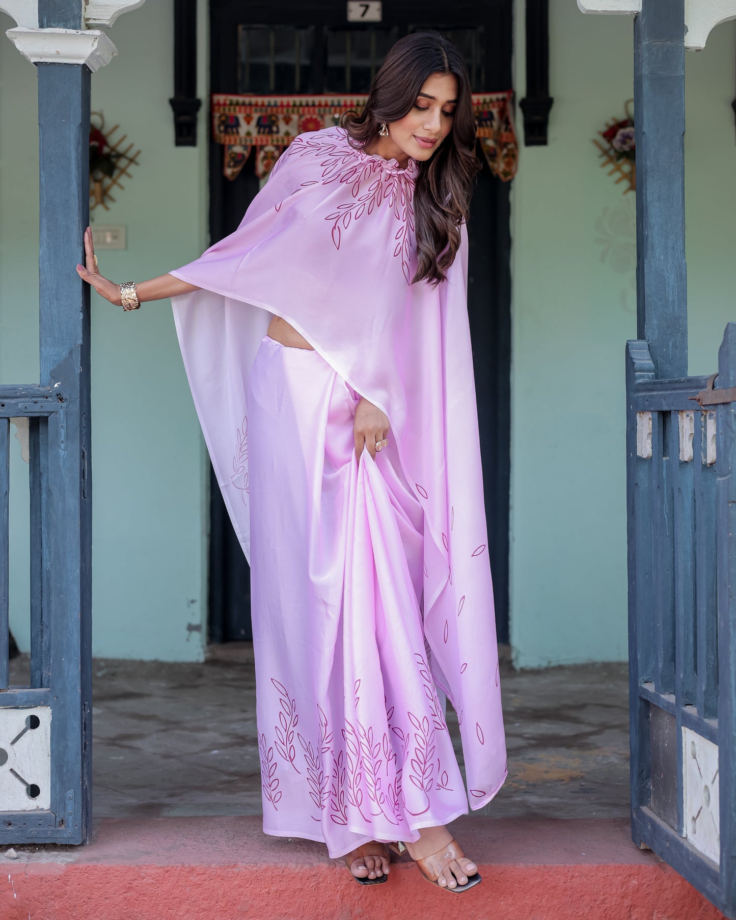 Lilac Pink Designer Freehand Saree with Maroon Leaf Motif & Wine Blouse | Satin Georgette | Handsfree Pallu Style