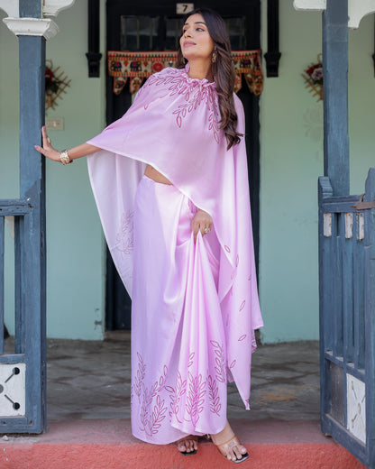 Lilac Pink Designer Freehand Saree with Maroon Leaf Motif & Wine Blouse | Satin Georgette | Handsfree Pallu Style