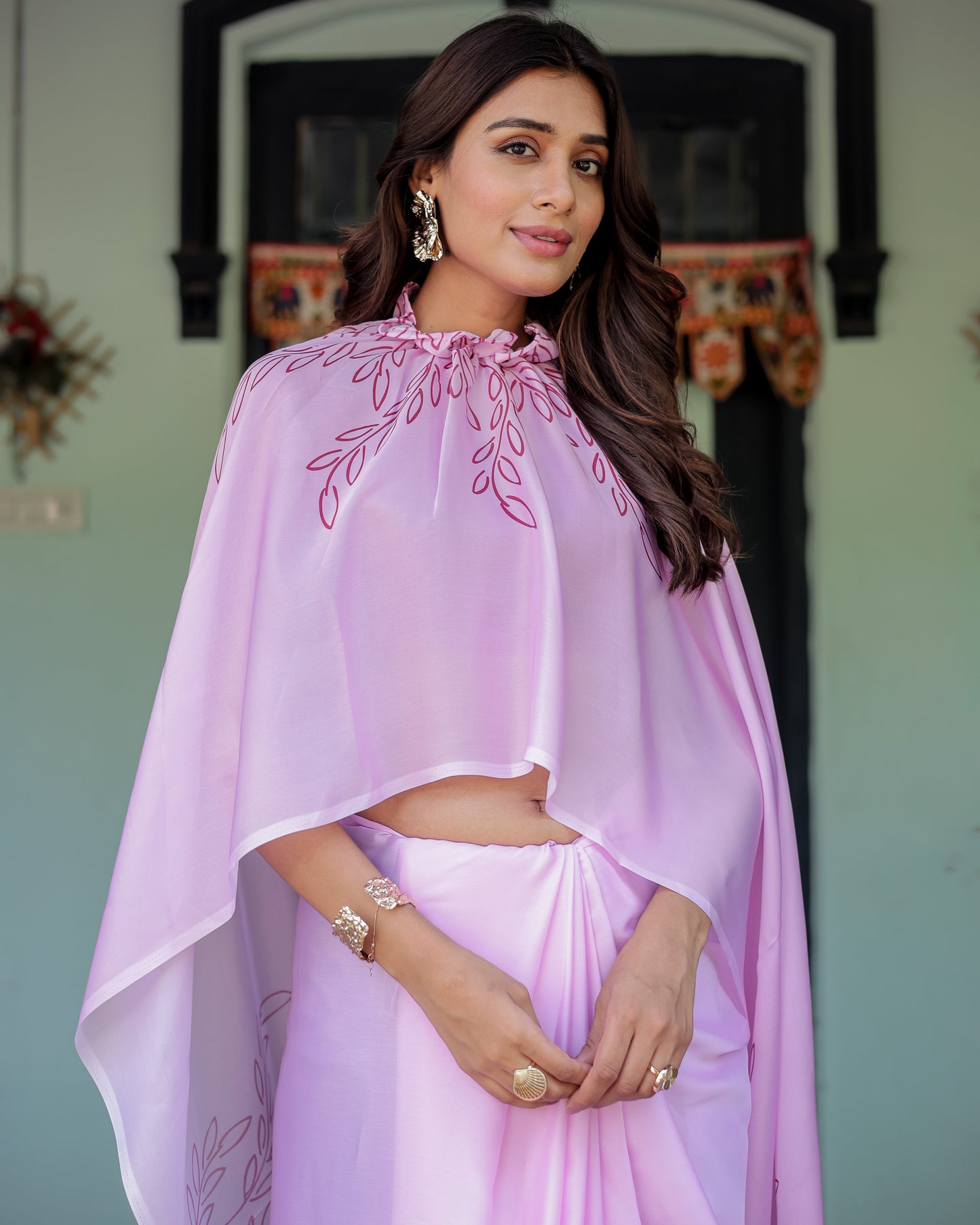 Lilac Pink Designer Freehand Saree with Maroon Leaf Motif & Wine Blouse | Satin Georgette | Handsfree Pallu Style