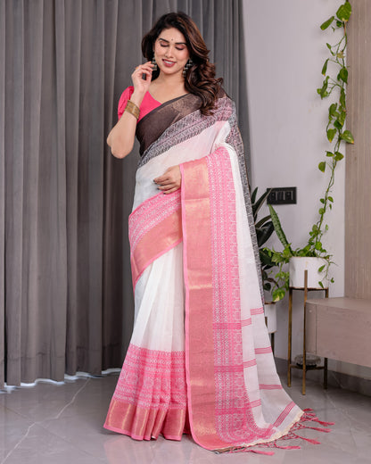 White & Charcoal Handloom Linen Saree with Pink Striped Pallu & Zari Woven Borders | 5.5m Saree + 0.8m Blouse | Elegant Tassel Finish
