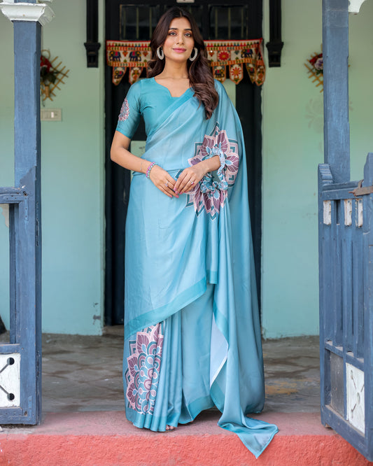 Teal Blue Designer Freehand Saree with Lotus Mandala Pallu & Matching Blouse | Satin Georgette | Handsfree Pallu Feature