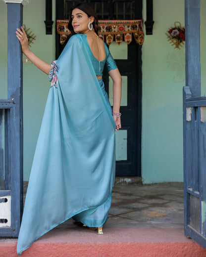 Teal Blue Designer Freehand Saree with Lotus Mandala Pallu & Matching Blouse | Satin Georgette | Handsfree Pallu Feature