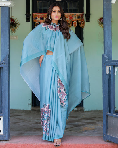 Teal Blue Designer Freehand Saree with Lotus Mandala Pallu & Matching Blouse | Satin Georgette | Handsfree Pallu Feature