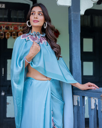 Teal Blue Designer Freehand Saree with Lotus Mandala Pallu & Matching Blouse | Satin Georgette | Handsfree Pallu Feature