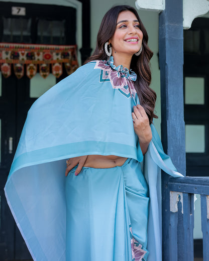 Teal Blue Designer Freehand Saree with Lotus Mandala Pallu & Matching Blouse | Satin Georgette | Handsfree Pallu Feature