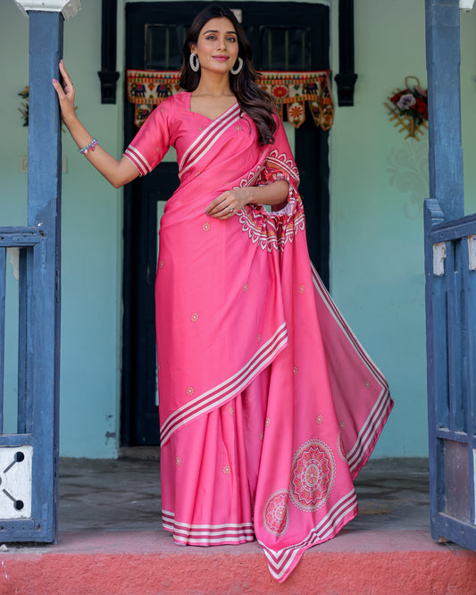 Bright Pink Designer Saree with White Striped Border & Mandala Art | Satin Georgette | Handsfree Pallu | Matching Blouse