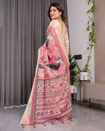 Ivory Pink Handloom Linen Saree with Artistic Flamingo & Floral Pallu | Zari Woven Border | 5.5m Saree + 0.8m Blouse | Elegant Tassel Detail