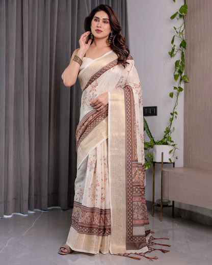 Ivory Beige Handloom Linen Saree with Rustic Floral Print & Brown Ornamental Pallu | Zari Borders & Tassels | 5.5m Saree + 0.8m Blouse
