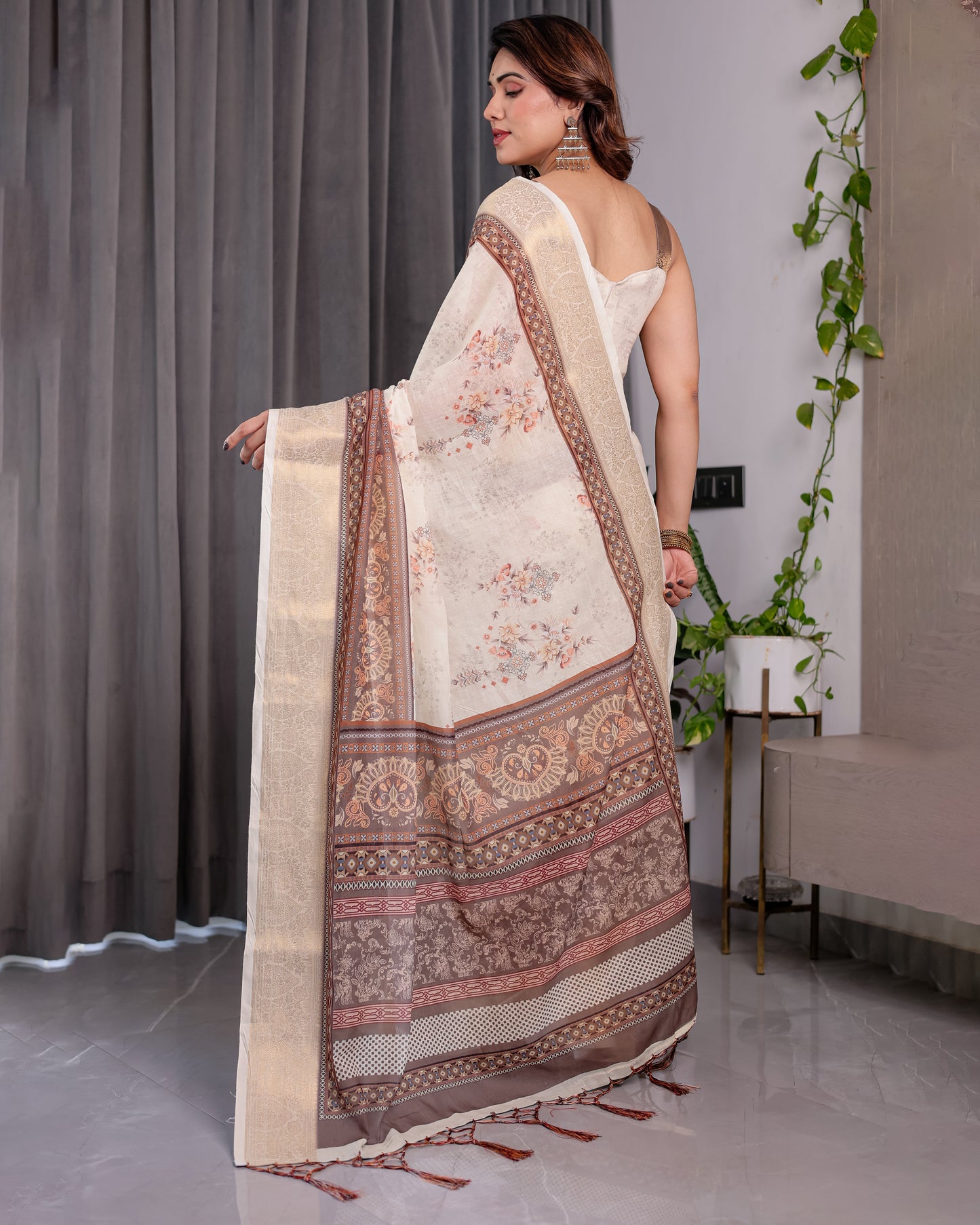 Ivory Beige Handloom Linen Saree with Rustic Floral Print & Brown Ornamental Pallu | Zari Borders & Tassels | 5.5m Saree + 0.8m Blouse