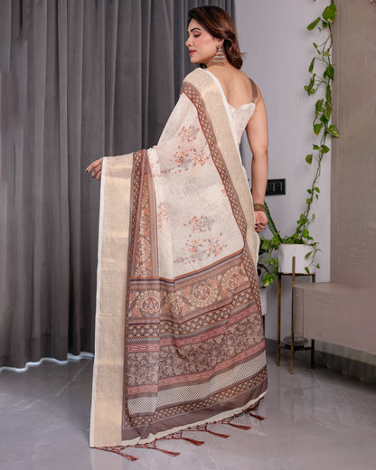 Ivory Beige Handloom Linen Saree with Rustic Floral Print & Brown Ornamental Pallu | Zari Borders & Tassels | 5.5m Saree + 0.8m Blouse