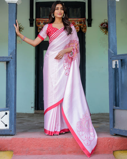Baby Pink Designer Saree with Mandala Pallu & Polka Dot Blouse | Satin Georgette | Handsfree Pallu Feature