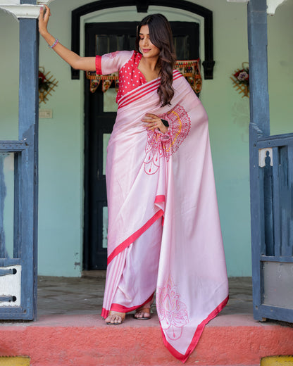Baby Pink Designer Saree with Mandala Pallu & Polka Dot Blouse | Satin Georgette | Handsfree Pallu Feature