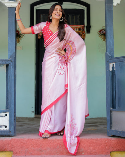Baby Pink Designer Saree with Mandala Pallu & Polka Dot Blouse | Satin Georgette | Handsfree Pallu Feature