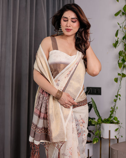 Ivory Beige Handloom Linen Saree with Rustic Floral Print & Brown Ornamental Pallu | Zari Borders & Tassels | 5.5m Saree + 0.8m Blouse