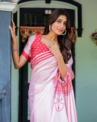 Baby Pink Designer Saree with Mandala Pallu & Polka Dot Blouse | Satin Georgette | Handsfree Pallu Feature