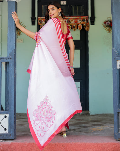 Baby Pink Designer Saree with Mandala Pallu & Polka Dot Blouse | Satin Georgette | Handsfree Pallu Feature