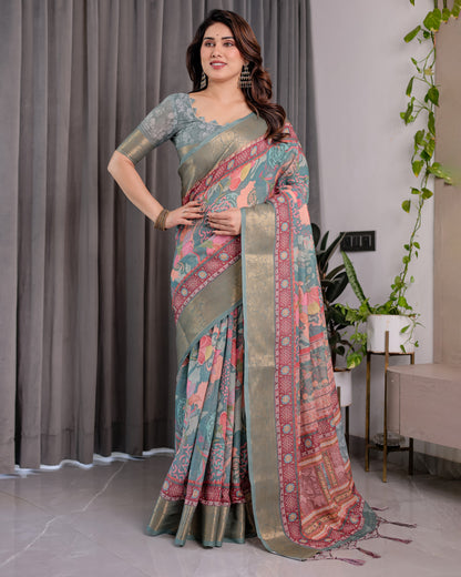 Sage Green Handloom Linen Saree with Multicolor Mythical Elephant & Floral Printed Pallu | Zari Border | 5.5m Saree + 0.8m Blouse | Festive Tassel Finish