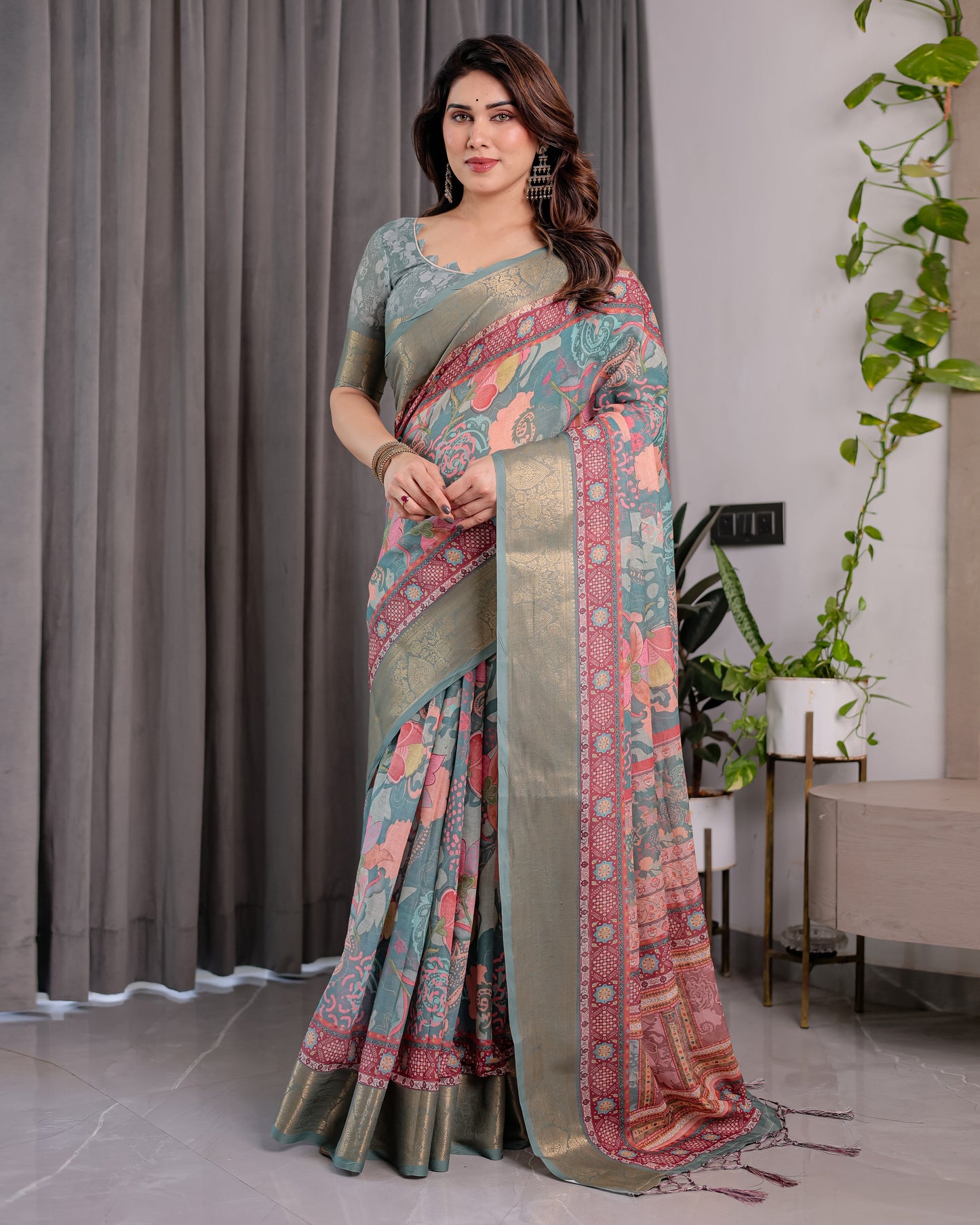 Sage Green Handloom Linen Saree with Multicolor Mythical Elephant & Floral Printed Pallu | Zari Border | 5.5m Saree + 0.8m Blouse | Festive Tassel Finish