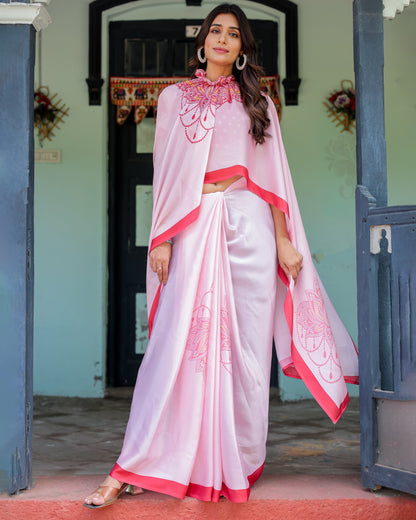Baby Pink Designer Saree with Mandala Pallu & Polka Dot Blouse | Satin Georgette | Handsfree Pallu Feature