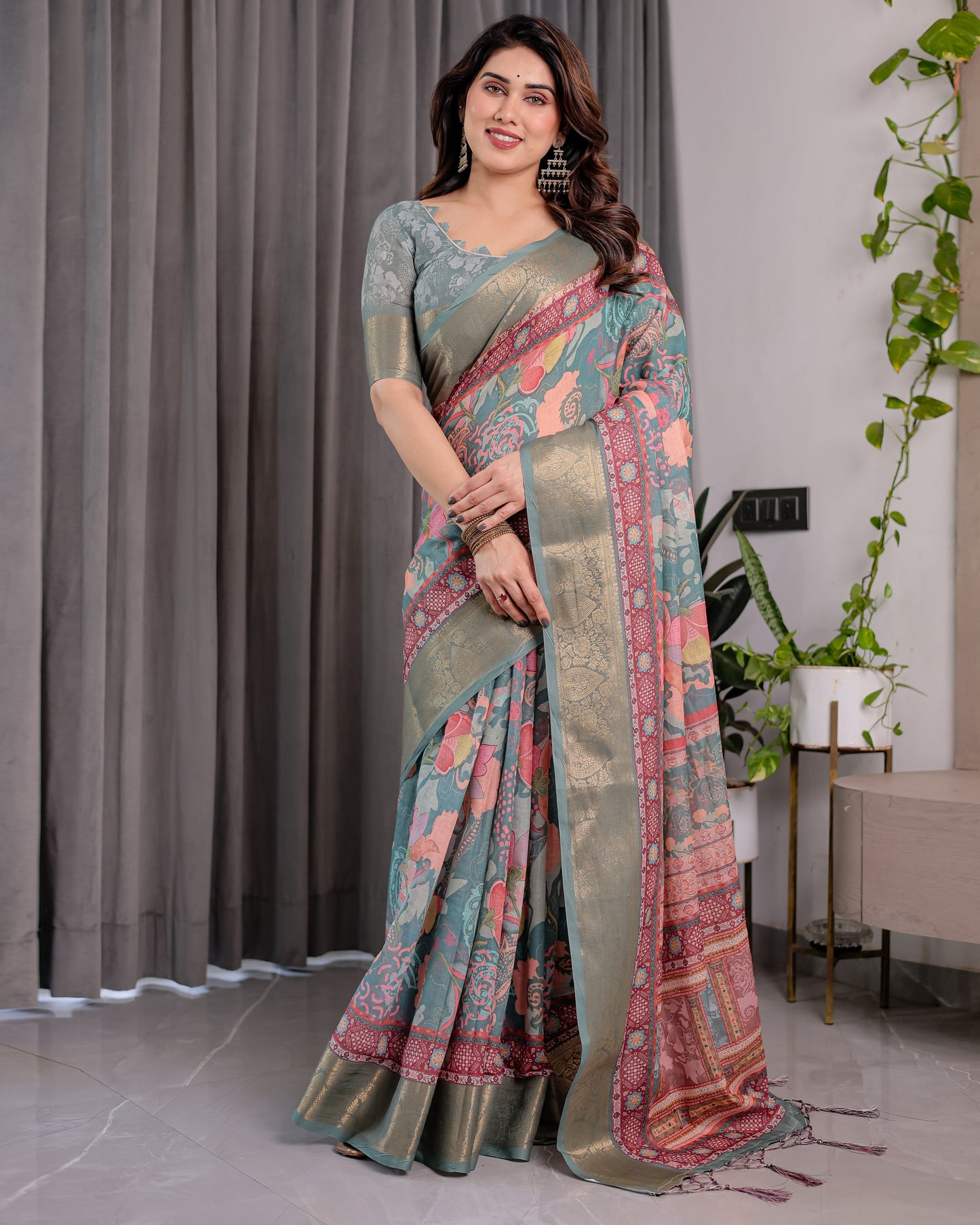 Sage Green Handloom Linen Saree with Multicolor Mythical Elephant & Floral Printed Pallu | Zari Border | 5.5m Saree + 0.8m Blouse | Festive Tassel Finish