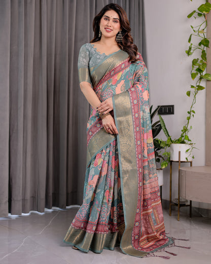 Sage Green Handloom Linen Saree with Multicolor Mythical Elephant & Floral Printed Pallu | Zari Border | 5.5m Saree + 0.8m Blouse | Festive Tassel Finish
