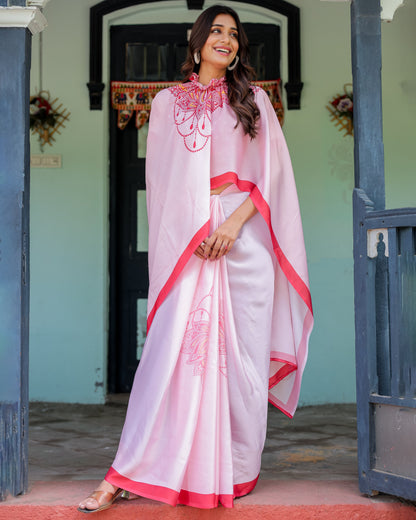 Baby Pink Designer Saree with Mandala Pallu & Polka Dot Blouse | Satin Georgette | Handsfree Pallu Feature