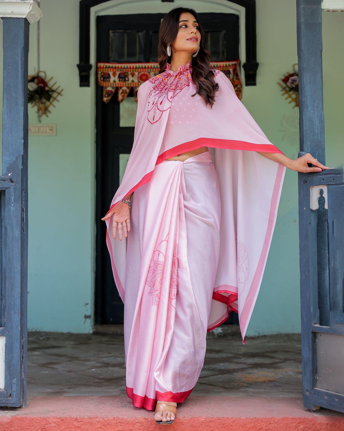 Baby Pink Designer Saree with Mandala Pallu & Polka Dot Blouse | Satin Georgette | Handsfree Pallu Feature