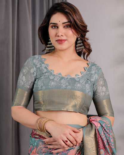 Sage Green Handloom Linen Saree with Multicolor Mythical Elephant & Floral Printed Pallu | Zari Border | 5.5m Saree + 0.8m Blouse | Festive Tassel Finish