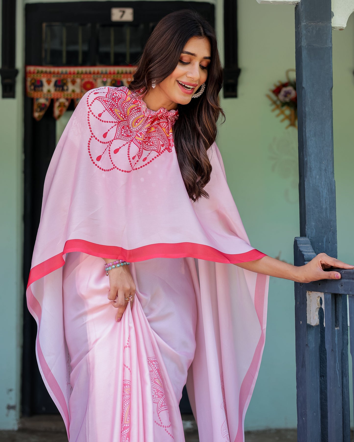 Baby Pink Designer Saree with Mandala Pallu & Polka Dot Blouse | Satin Georgette | Handsfree Pallu Feature