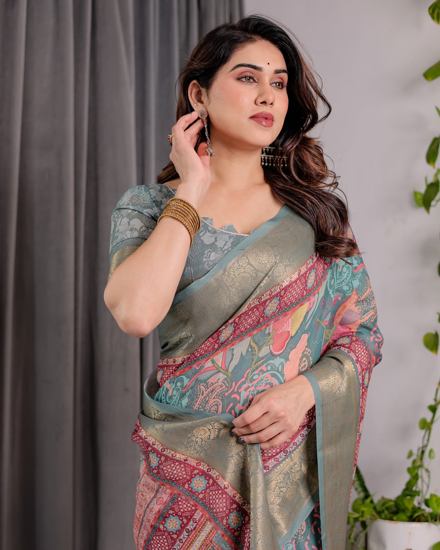 Sage Green Handloom Linen Saree with Multicolor Mythical Elephant & Floral Printed Pallu | Zari Border | 5.5m Saree + 0.8m Blouse | Festive Tassel Finish