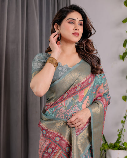Sage Green Handloom Linen Saree with Multicolor Mythical Elephant & Floral Printed Pallu | Zari Border | 5.5m Saree + 0.8m Blouse | Festive Tassel Finish