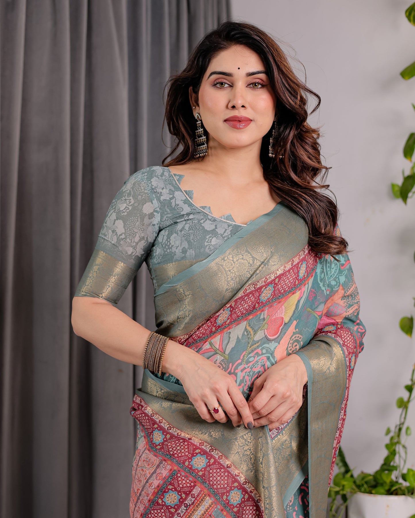 Sage Green Handloom Linen Saree with Multicolor Mythical Elephant & Floral Printed Pallu | Zari Border | 5.5m Saree + 0.8m Blouse | Festive Tassel Finish