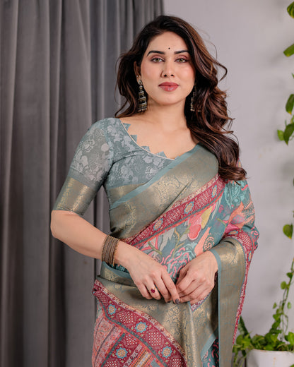 Sage Green Handloom Linen Saree with Multicolor Mythical Elephant & Floral Printed Pallu | Zari Border | 5.5m Saree + 0.8m Blouse | Festive Tassel Finish