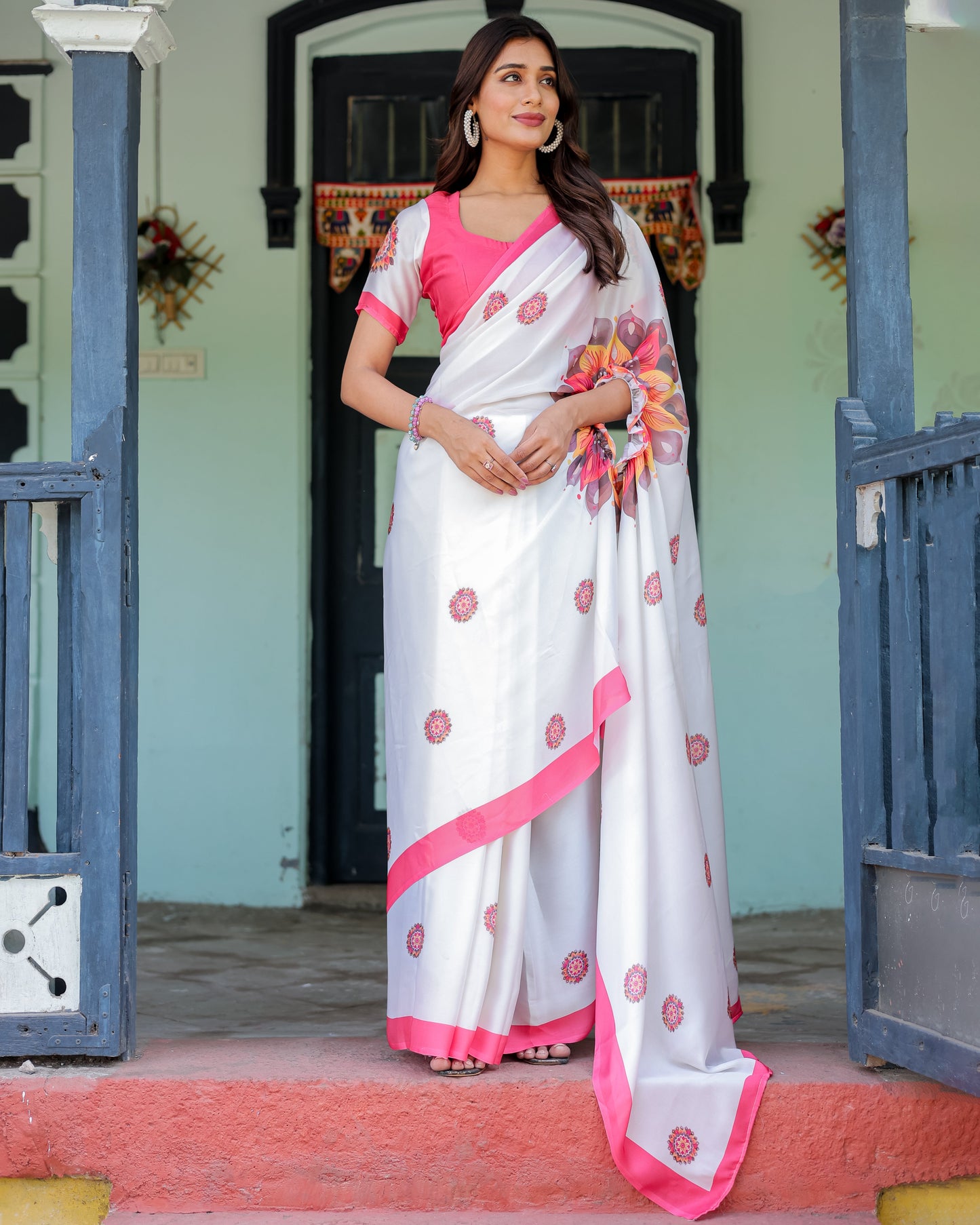 White Satin Georgette Designer Saree with Pink Mandala Prints & Floral Pallu | Handsfree Pallu Loop | Contrast Pink Blouse