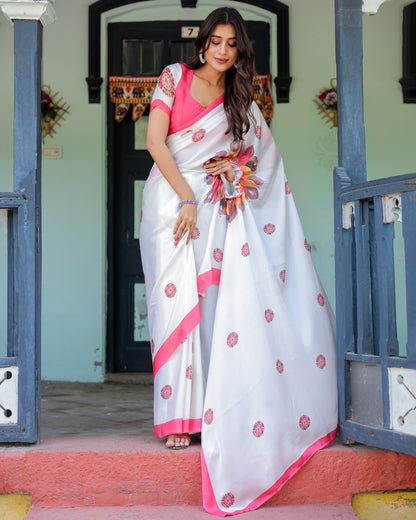 White Satin Georgette Designer Saree with Pink Mandala Prints & Floral Pallu | Handsfree Pallu Loop | Contrast Pink Blouse