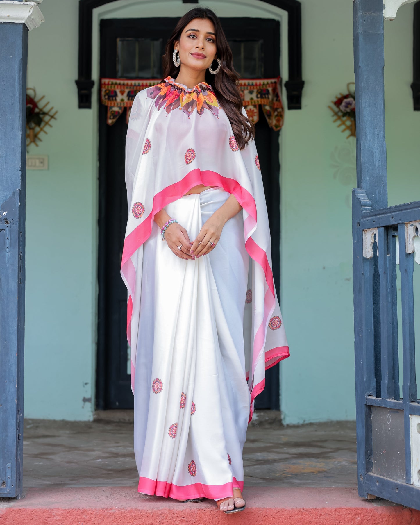 White Satin Georgette Designer Saree with Pink Mandala Prints & Floral Pallu | Handsfree Pallu Loop | Contrast Pink Blouse