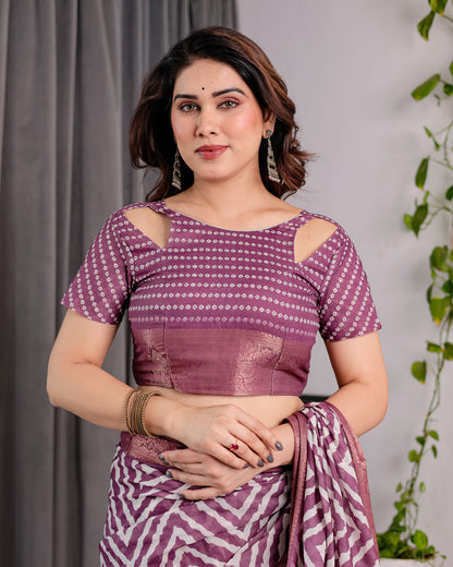 Plum Purple Handloom Linen Saree with Zigzag & Floral Motifs | Zari Border & Tassels | 5.5m Saree + 0.8m Blouse Piece