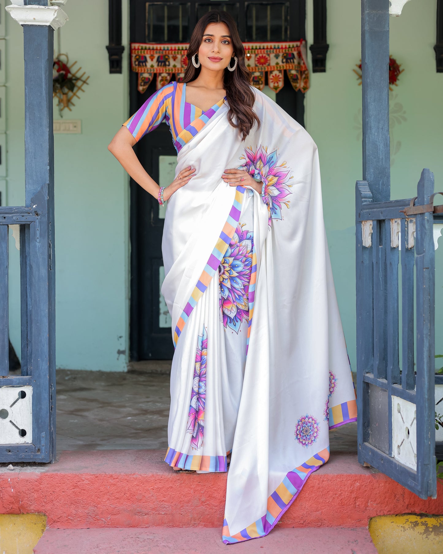 White Satin Georgette Designer Saree with Lotus Mandala Prints & Multicolor Striped Blouse | Handsfree Pallu Loop
