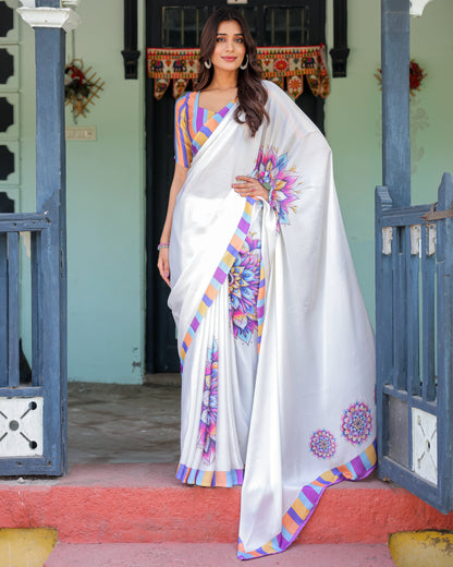 White Satin Georgette Designer Saree with Lotus Mandala Prints & Multicolor Striped Blouse | Handsfree Pallu Loop