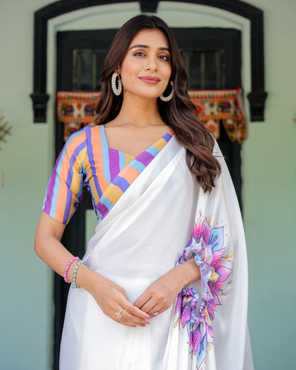 White Satin Georgette Designer Saree with Lotus Mandala Prints & Multicolor Striped Blouse | Handsfree Pallu Loop