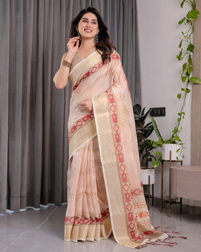 Blush Beige Handloom Linen Saree with Zigzag Weave & Floral Pallu | Zari Border & Tassels | 5.5m Saree + 0.8m Blouse