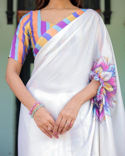 White Satin Georgette Designer Saree with Lotus Mandala Prints & Multicolor Striped Blouse | Handsfree Pallu Loop