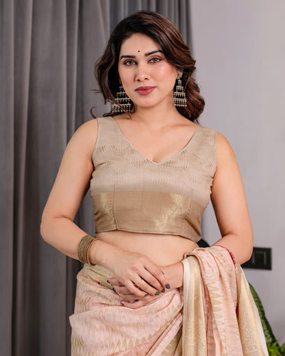 Blush Beige Handloom Linen Saree with Zigzag Weave & Floral Pallu | Zari Border & Tassels | 5.5m Saree + 0.8m Blouse