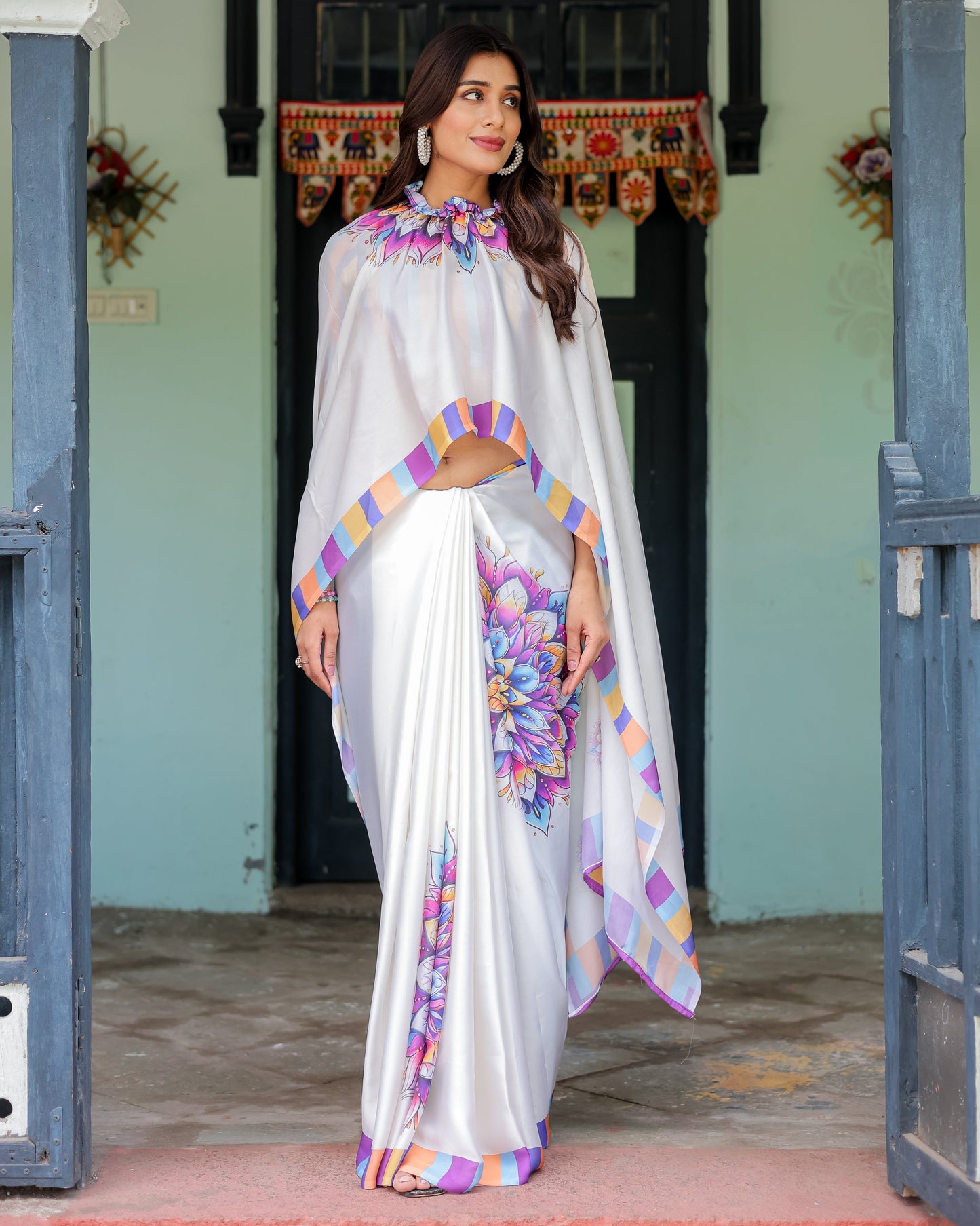 White Satin Georgette Designer Saree with Lotus Mandala Prints & Multicolor Striped Blouse | Handsfree Pallu Loop