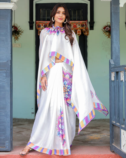 White Satin Georgette Designer Saree with Lotus Mandala Prints & Multicolor Striped Blouse | Handsfree Pallu Loop